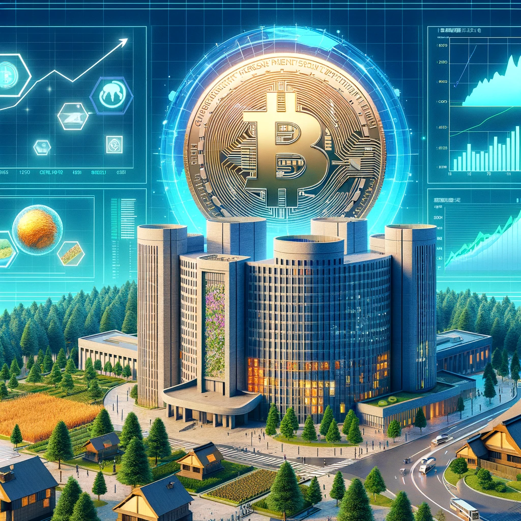 Illustration of a financial landscape, showcasing the iconic Government Pension Investment Fund (GPIF) building in Japan, integrated with d