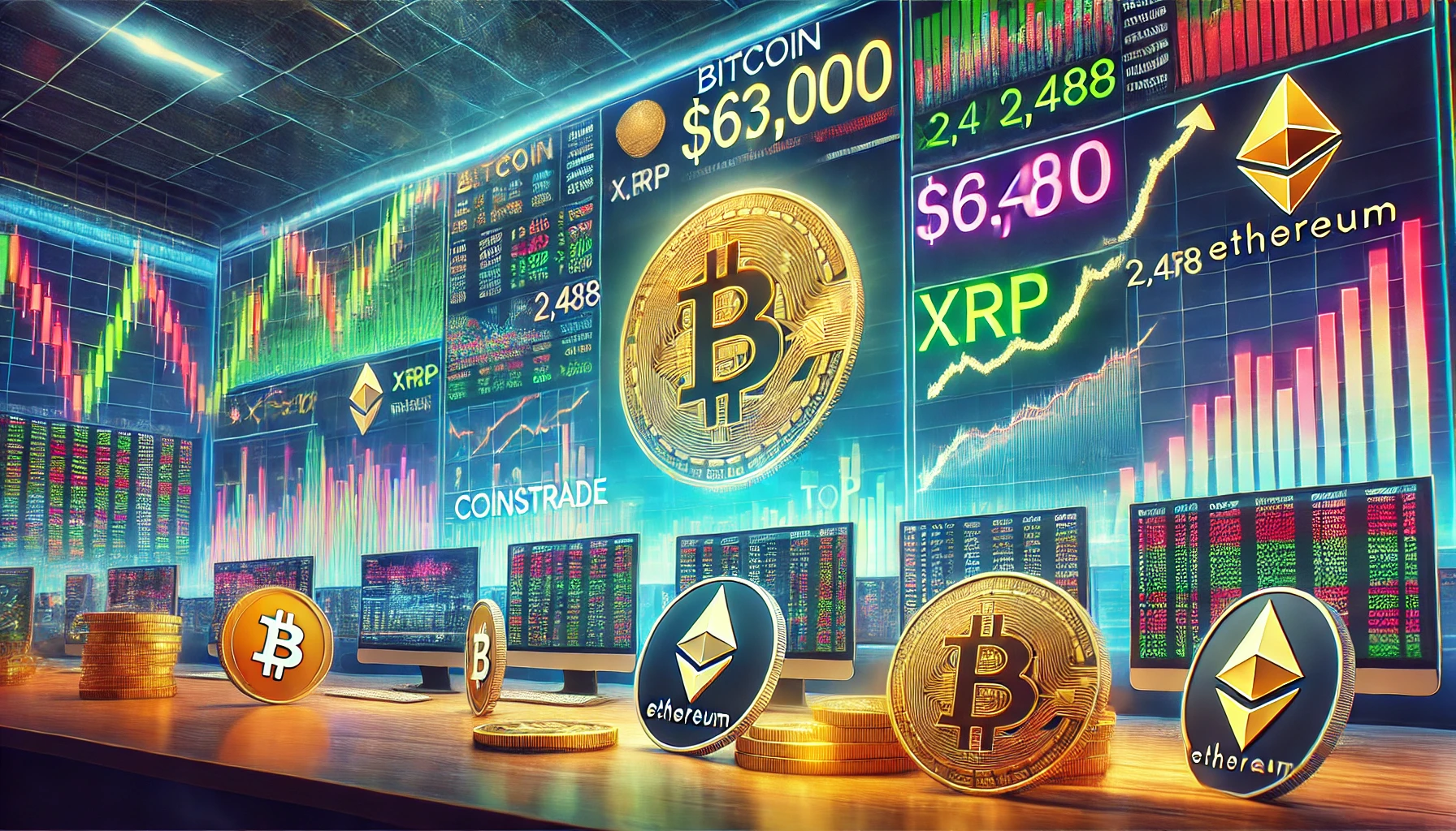 Биткоин и Ethereum на фоне роста цен, с графиками и другими криптовалютами в тренде. Идеальный образ для анализа рынка